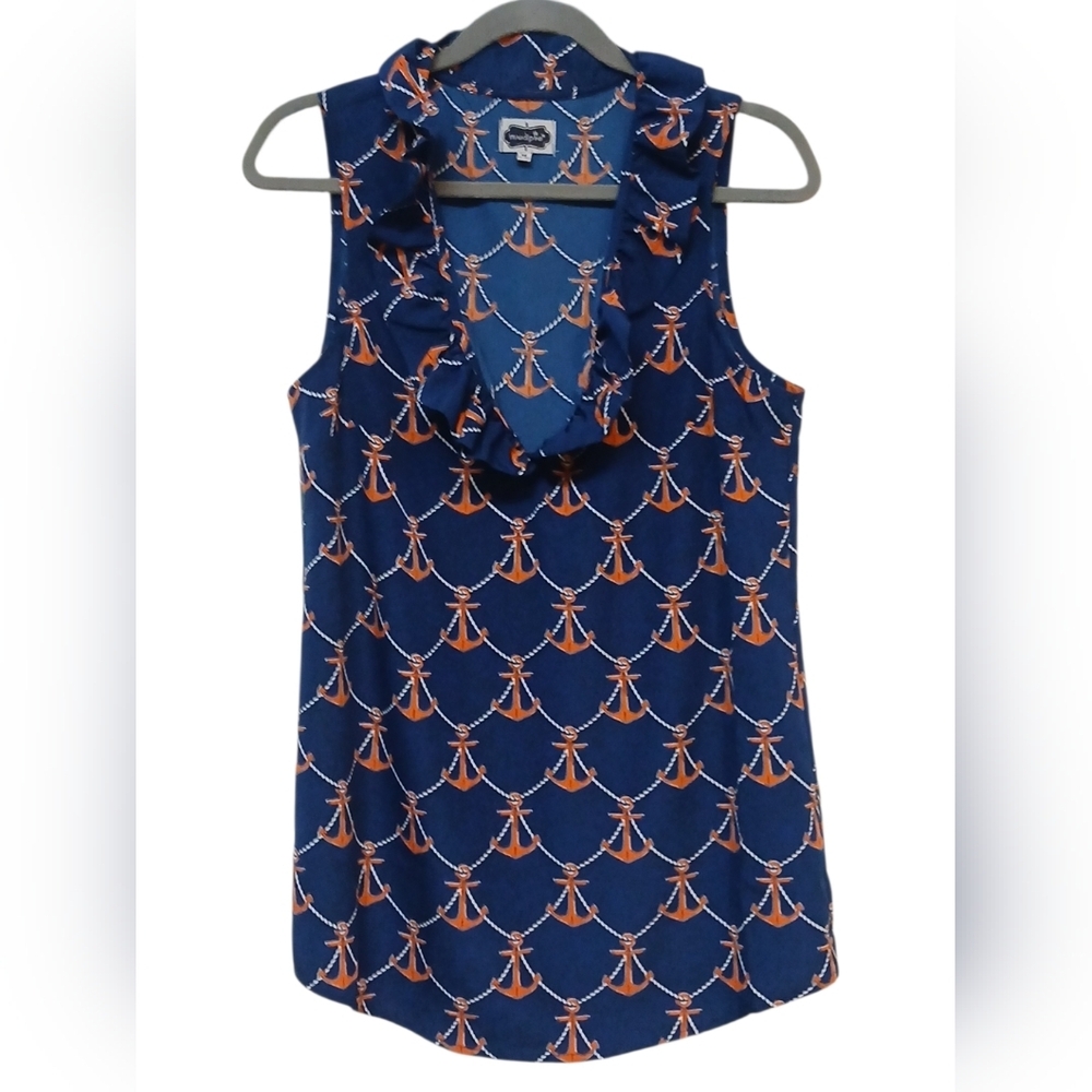 Mud Pie - NWOT, Navy Blue Sleeveless Blouse, Ruffled Collar W/2 Working Buttons, - Picture 12 of 12